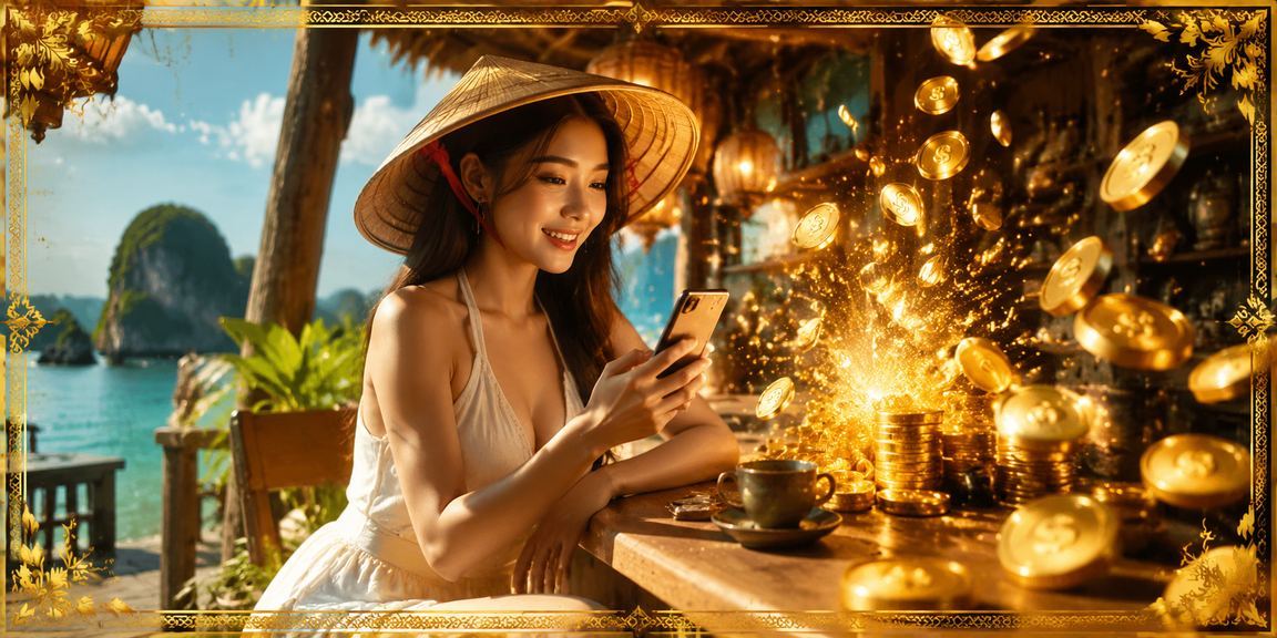 Người chơi sử dụng điện thoại để trải nghiệm casino di động tại Buôn Ma Thuột với nón lá Việt Nam