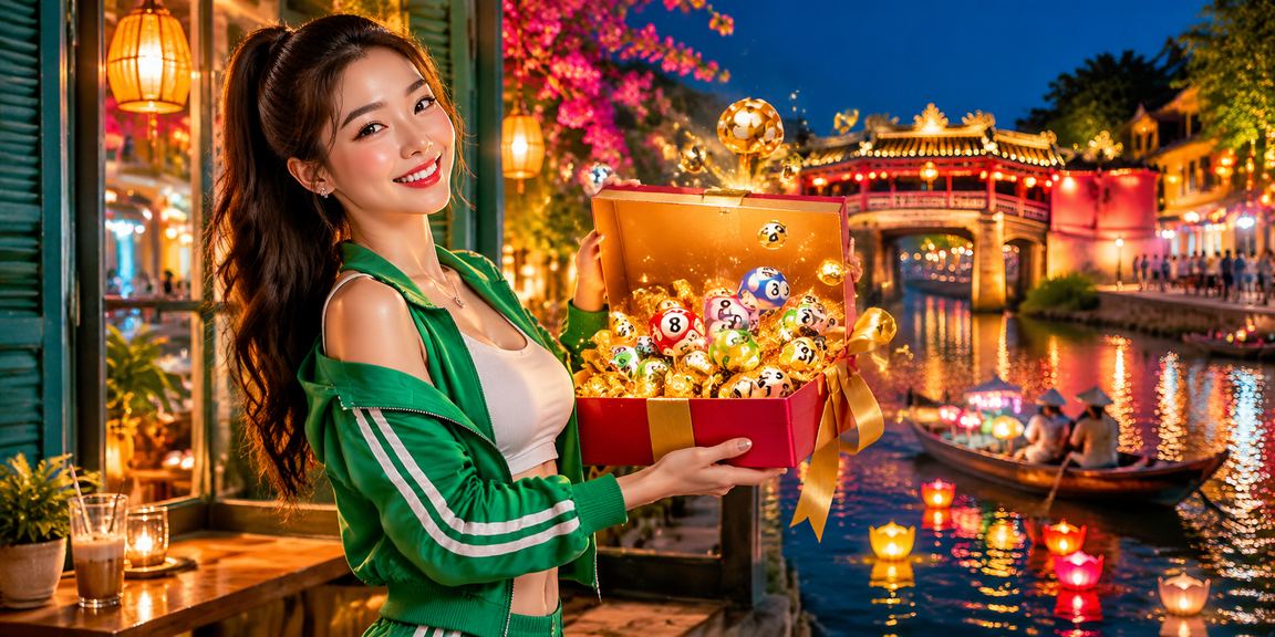 Người dùng ngồi cà phê tại phố cổ Hội An kiểm tra xổ số và kèo cược trên điện thoại