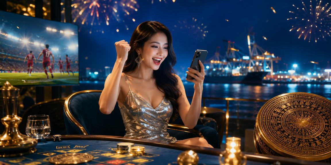 Không khí sôi động của sàn casino trực tuyến Việt Nam với ánh đèn neon và giao diện game hiện đại